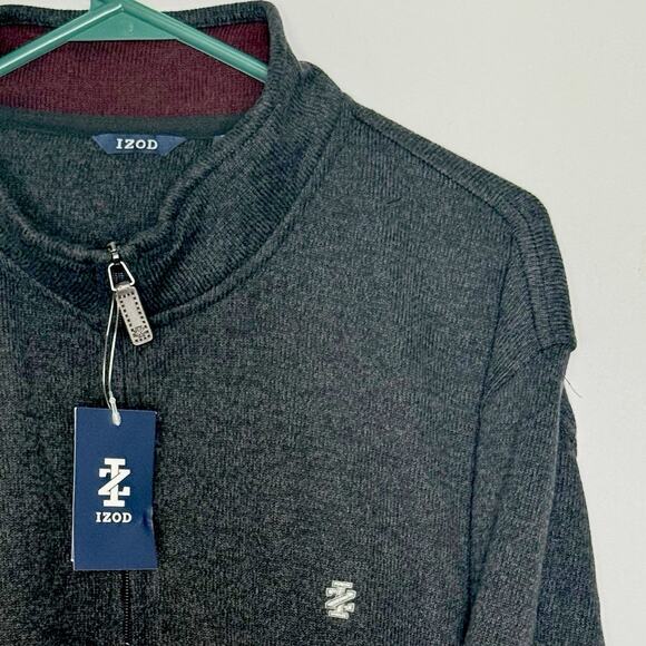 IZOD Men’s XXL Quarter Zip Pullover Sweater Gray Burgundy Colorblock Long Sleeve - Picture 5 of 14